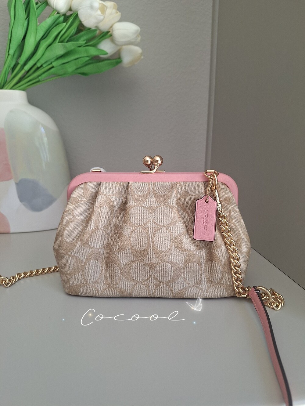 NWT COACH NORA Kisslock Crossbody In Signature & leather Khaki Bubblegum NEW